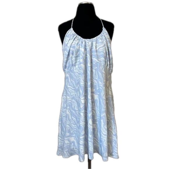 Abercrombie & Fitch NEW Halter Ruched Mini Dress Blue White Marble Pattern Sz XL - Picture 1 of 16
